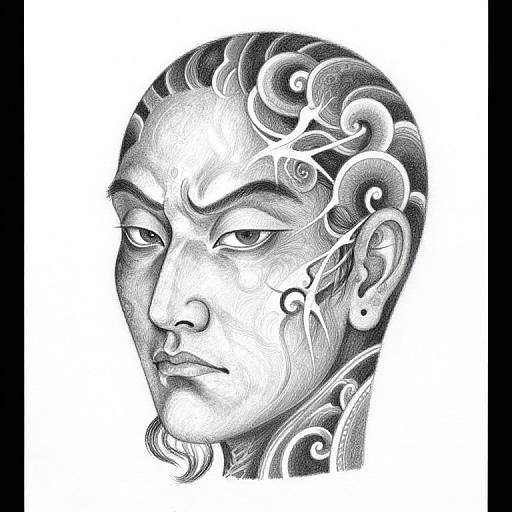 Black-and-white ink drawing of a serene, stylized male face with swirling patterns on the forehead, cheeks, and ears.