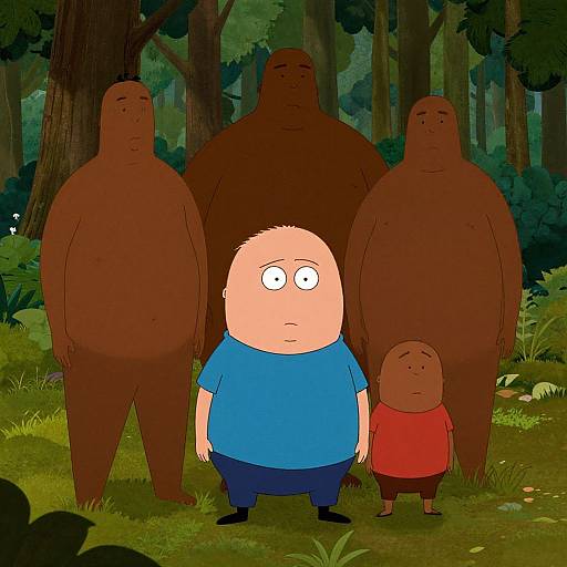 Cartoon image of a chubby, pale-skinned man in blue shirt, flanked by three tall, brown, faceless men, and a smaller