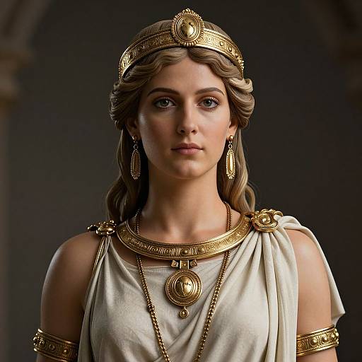 Digital painting of a young woman with classical features, wearing an ancient Greek-style golden headband, earrings, necklace, and draped white robe.