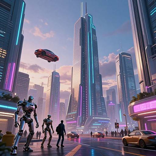 Futuristic Neon Cityscape with Robots