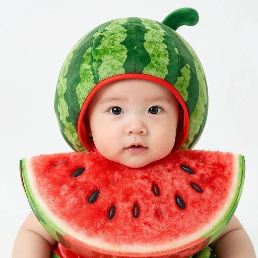 Photograph of a baby with light skin, wearing a watermelon hat and holding a slice of watermelon, against a white background.