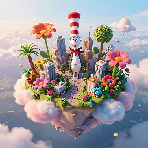 Whimsical CGI image of a white, smiling penguin with a red-and-white striped hat, standing on a floating cityscape filled with colorful flowers