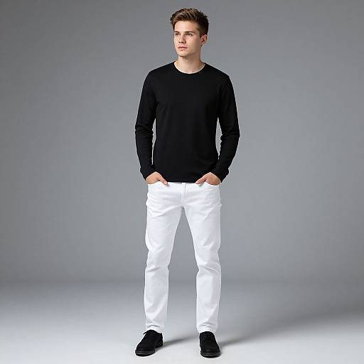 Photograph of a young man with short brown hair, wearing a black long-sleeve shirt, white pants, and black shoes, standing against a