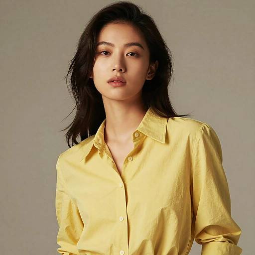 Photograph of an Asian woman with long, dark hair in a yellow button-up shirt, standing against a plain gray background.