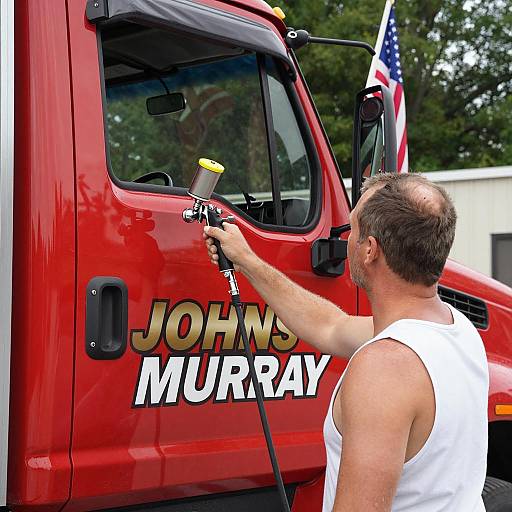 Man Painting Red Truck with American Flag