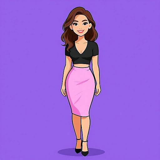 Digital cartoon of a smiling woman with wavy brown hair, wearing a black crop top and pink pencil skirt, black heels, against a solid purple background