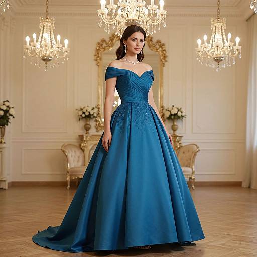 Photograph of a brunette woman in an off-shoulder, vibrant blue ball gown, standing in an elegant, chandelier-lit room.