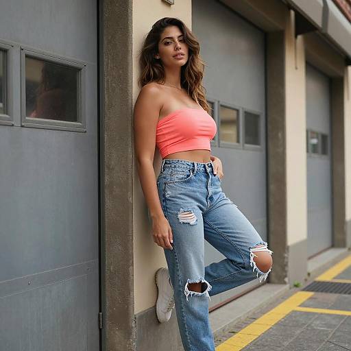 Woman in Neon Coral Crop Top and Ripped Jeans