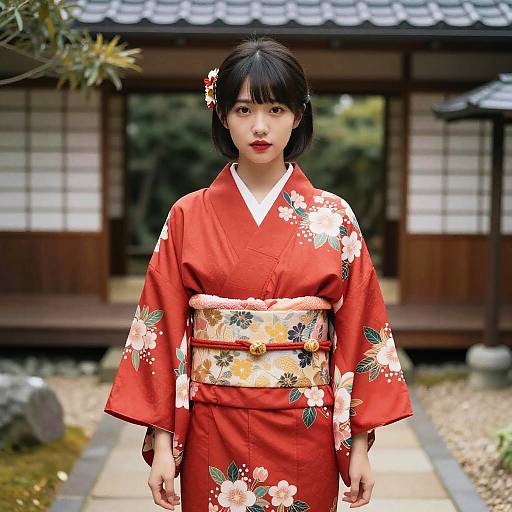 Young Woman in Red Floral Kimono in Japanese Courtyard