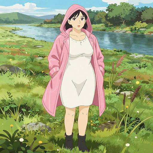 Anime-style digital illustration of a young woman with black hair, wearing a white dress, pink hooded coat, and black boots, standing in a lush