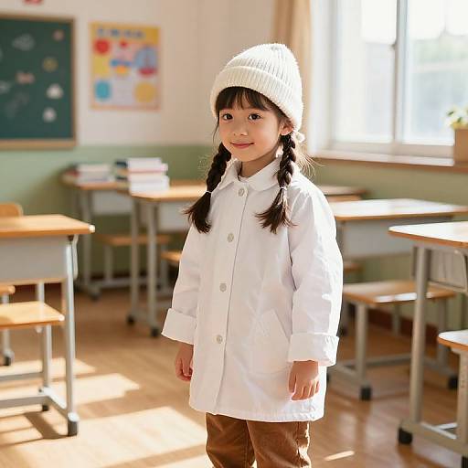 Photograph of a young Asian girl with black pigtails, wearing a white coat, brown pants, and a cream knit hat, standing in a
