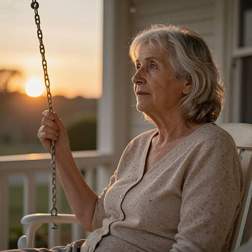 Photograph of an elderly woman with short gray hair, wearing a beige cardigan, sitting on a porch swing at sunset, holding a chain. Golden