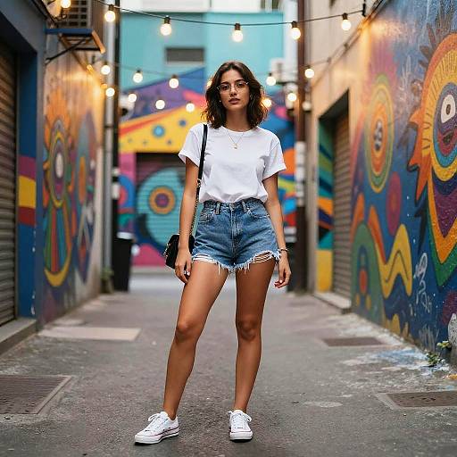 Photograph of a confident young woman with curly brown hair, wearing a white t-shirt, frayed denim shorts, and white sneakers, standing in a