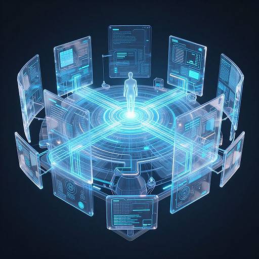 Digital CGI illustration of a glowing blue holographic interface with eight transparent screens surrounding a central neon blue figure on a dark background.