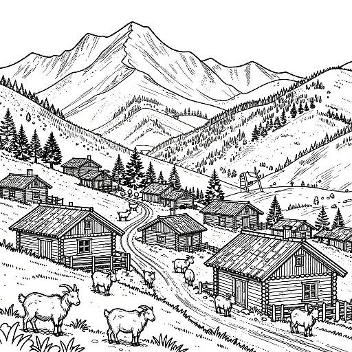 Rustic Mountain Village Coloring Page