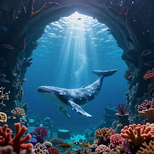 Photograph of a majestic blue whale swimming through a sunlit, underwater cave adorned with vibrant corals and marine life.