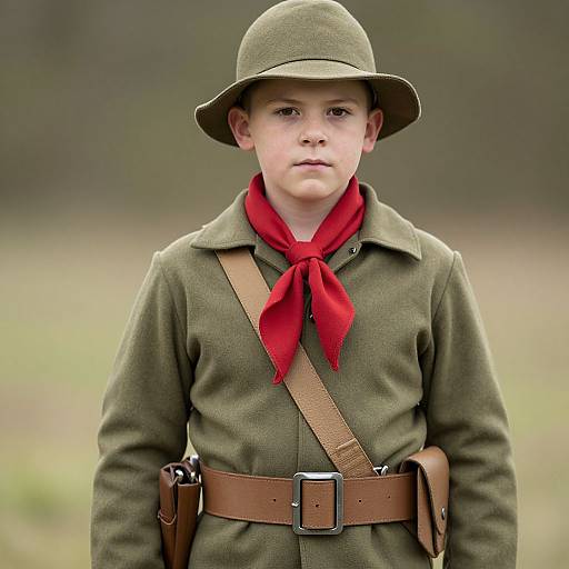 Photograph of a young boy in a World War I-era military uniform, olive green coat, red neckerchief, brown belt, and hat,