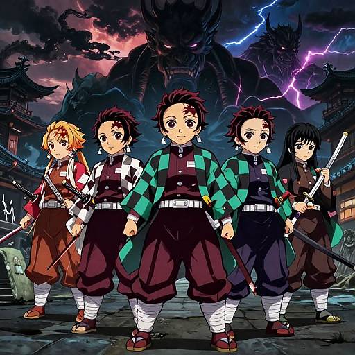 Digital anime art: Five young fighters with bandaged legs, black and green checkered jackets, stand bravely against a dark, stormy sky with