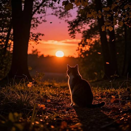 Photograph of a silhouetted cat sitting on a forest path at sunset, with vibrant orange and purple sky, and falling leaves.