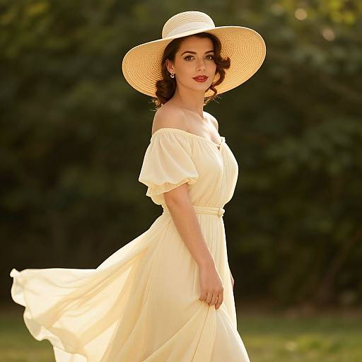 Photograph of a fair-skinned woman with curly brown hair, wearing a wide-brimmed white hat and off-shoulder, flowing yellow dress