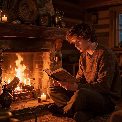 Photograph of a curly-haired young man in a brown sweater, sitting by a roaring fireplace, reading a book in a rustic log cabin. Warm,