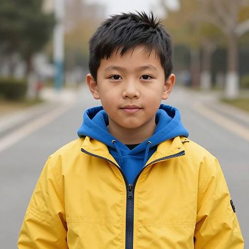 Photograph of a young Asian boy with short black hair, wearing a yellow jacket over a blue hoodie, standing on a blurred suburban street.