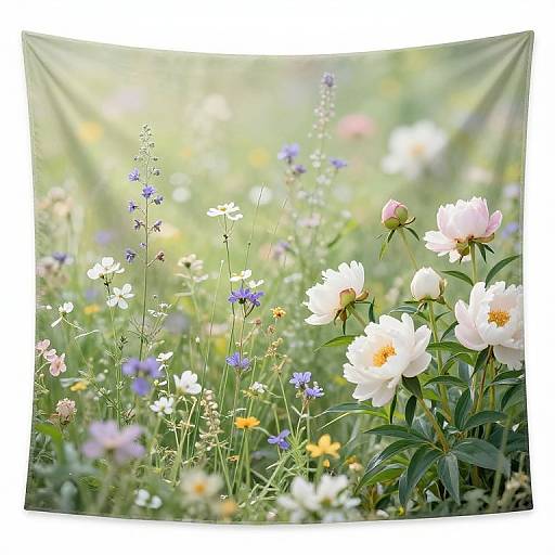 Photograph of a sunlit meadow filled with blooming white, pink, and purple flowers, with green foliage, and soft focus background.