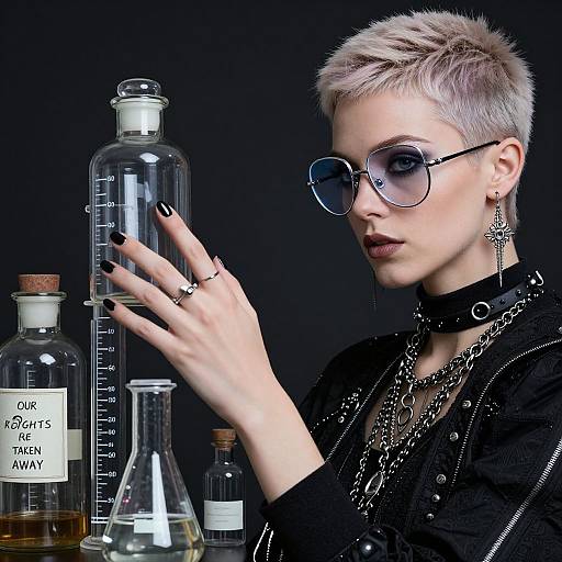 Photograph of a punk-rock woman with short, platinum blonde hair, black nail polish, and sunglasses, examining a glass flask against a dark background with