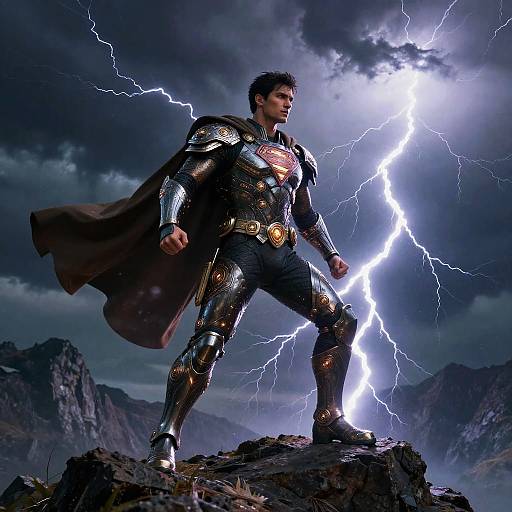 Photograph of Superman standing on a rocky peak, lightning bolts illuminating dark, stormy sky. He wears metallic, black, and gold armor with