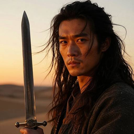 Photograph of a serious, long-haired Asian man with sunlit skin holding a sword, set against a desert sunset background.