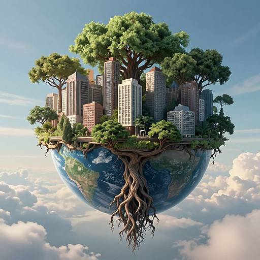 Digital artwork of a floating Earth with a dense forest of tall trees and modern skyscrapers, connected by extensive root systems, set against a bright blue