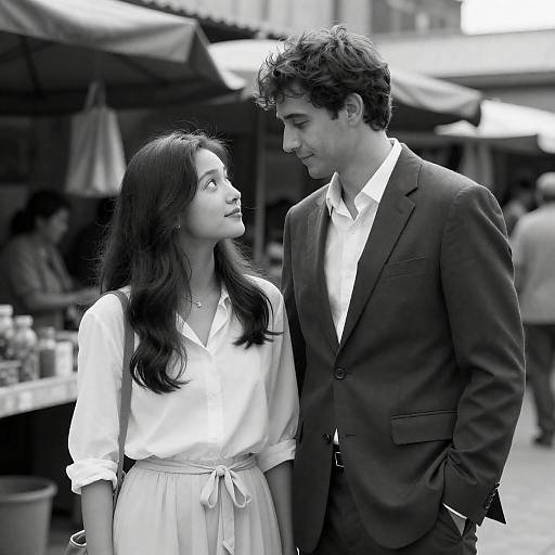 Black-and-white photograph of a young couple standing close, gazing at each other in an outdoor market; she in a white blouse and skirt, he