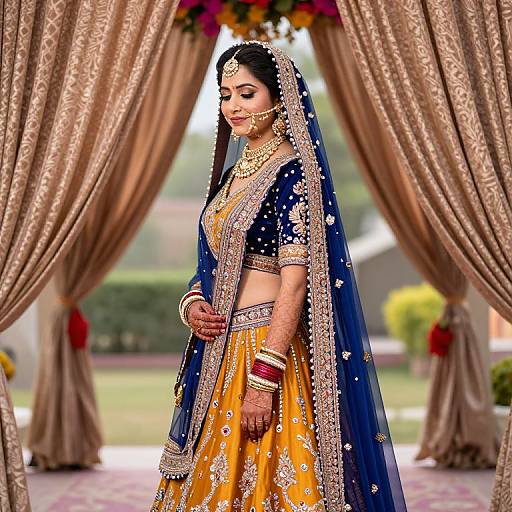 Photograph of a South Asian bride in a blue and gold traditional lehenga with intricate gold embroidery, wearing a headpiece and veil, standing in a