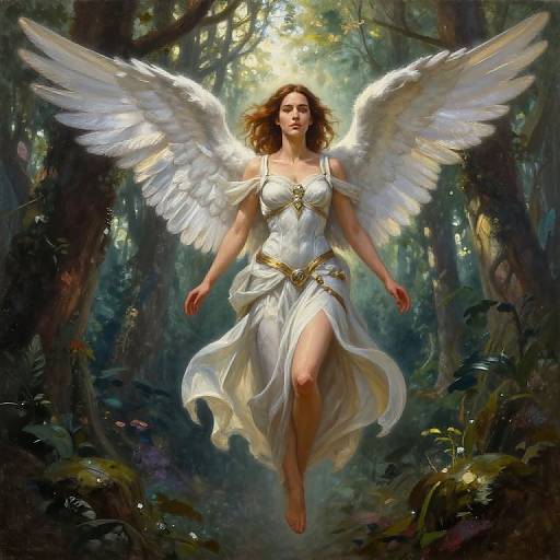 Digital painting of a winged, white-robed woman with curly brown hair, floating in a sunlit, dense forest. Her dress is adorned with