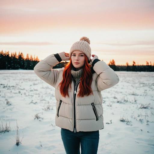 Young woman in beige jacket on snowy field at sunset