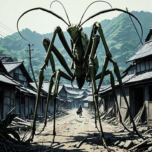 Colossal Mantis in War-Torn Village Anime