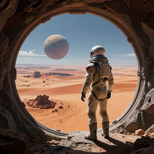 Photorealistic digital artwork: Astronaut in white spacesuit stands in circular spaceship window, gazing at distant orange desert planet and moon under bright blue