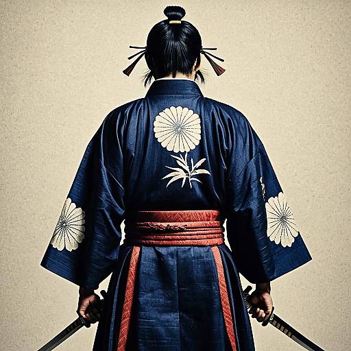 Back View of Elegant Samurai in Ornamental Kimono