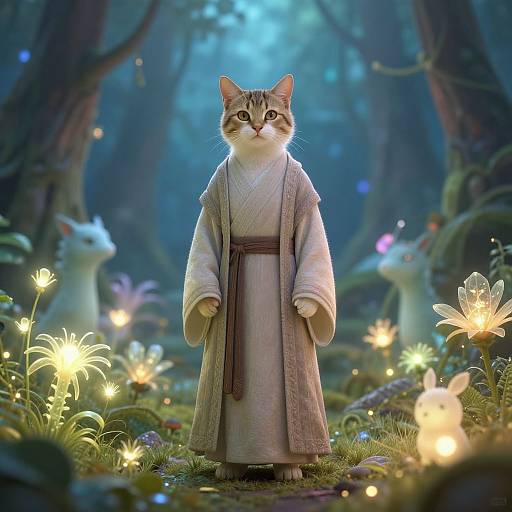Digital illustration of a tabby cat in an ancient-style robe standing in a magical forest with glowing flowers and ethereal creatures.