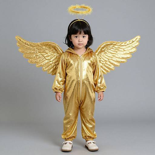 Photograph of an Asian toddler with black hair, wearing a gold angel costume, halo, and golden wings, standing against a gray background. White shoes