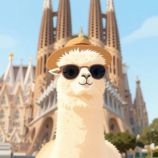 Digital artwork of a fluffy white llama wearing round sunglasses and a brown hat, standing in front of a towering Gothic-style cathedral with blue sky background.
