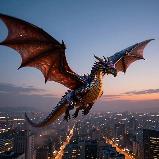 Photograph of a glowing, bioluminescent dragon with large wings soaring over a cityscape at sunset, illuminated streets below, and a blue-to