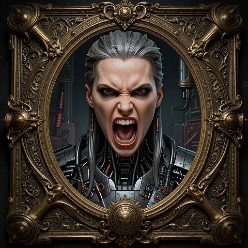 Digital artwork of a fierce, pale-skinned man with slicked-back gray hair, mechanical armor, and an open-mouthed scream, framed in an