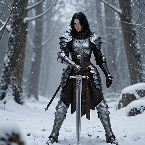 Photorealistic CGI of a dark-haired woman in silver medieval armor, standing in a snowy forest, holding a sword with a determined expression. Snowfl