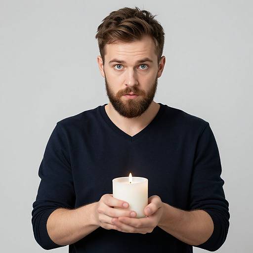 Photograph of bearded, blue-eyed man with short brown hair, wearing black long-sleeve shirt, holding lit white candle in front of white