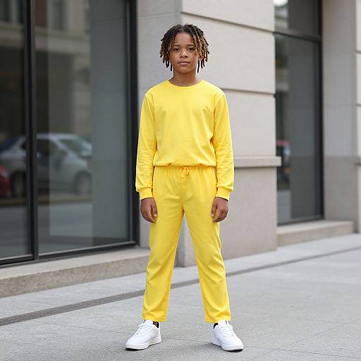 Photograph of a young Black boy with dreadlocks, wearing a bright yellow sweatset and white sneakers, standing on a city street.