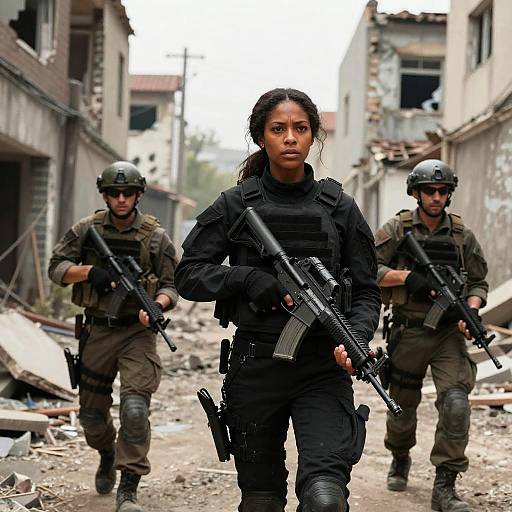 Photograph of three armed soldiers, including a serious-looking woman with dark skin and curly hair, leading through a war-torn, rubble-filled urban street