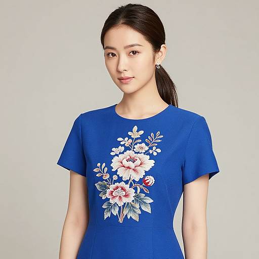 Woman in Blue Floral Dress