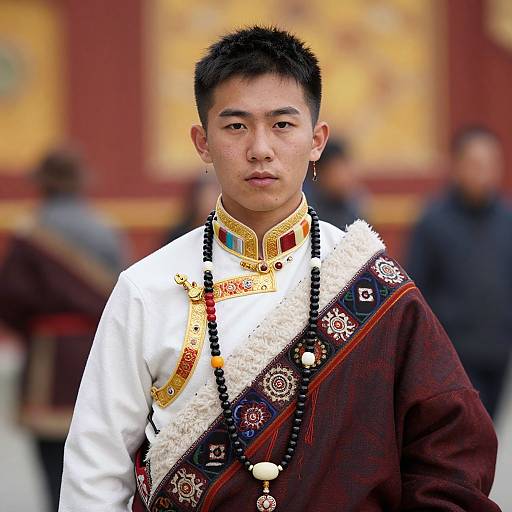 Photograph of a young Asian man in traditional Tibetan attire, white and maroon robe with intricate beadwork, white floral sash, gold embroidery,