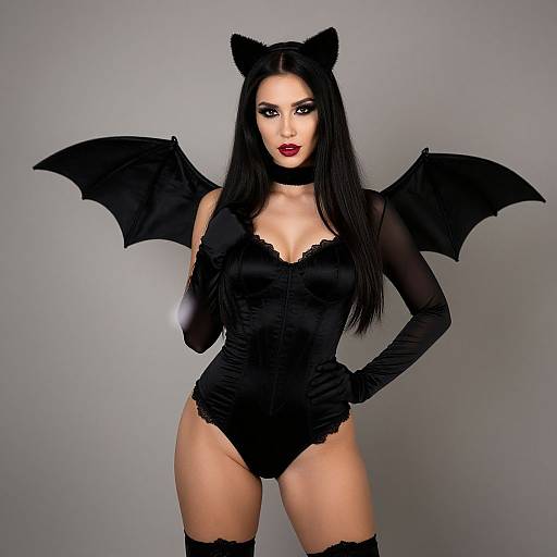 Photograph of a fair-skinned woman with long black hair, wearing a black corset, bat wings, cat ears, gloves, and thigh-high